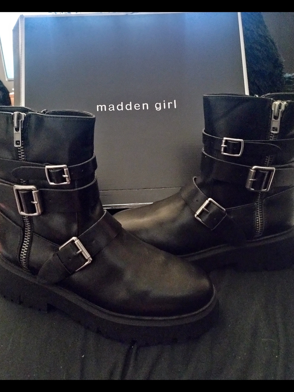 Madden Girl Black Buckle Combat Boots